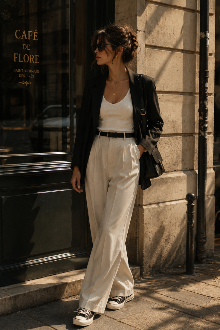 Woman in a blazer and wide leg pants standing outside a cafe