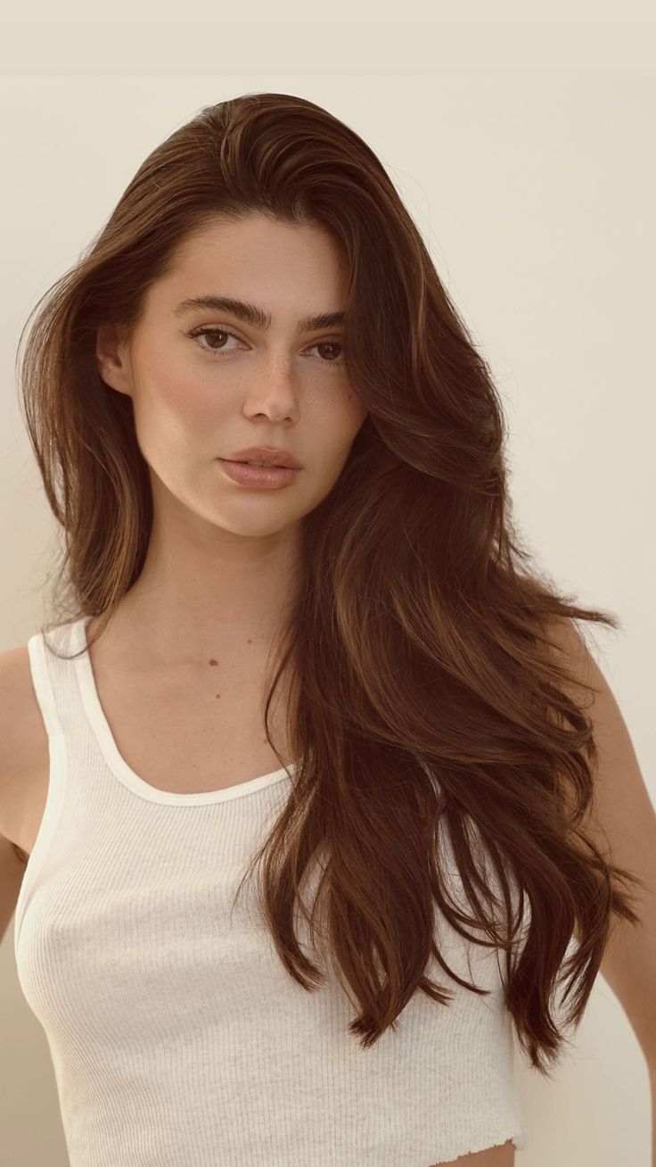 Woman with long brown hair wearing a white tank top with visible nipples