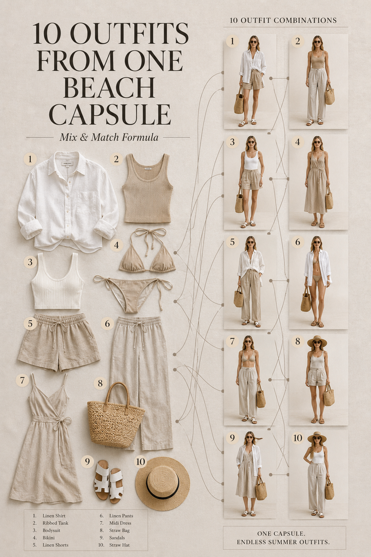 A fashion flat lay showing 10 beach capsule outfits with mix and match formula