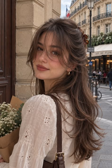 Woman with long brown hair and a white blouse on a street