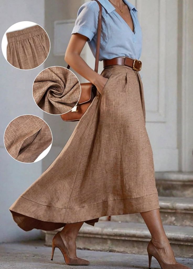 Woman in a brown midi skirt and blue shirt with a brown belt and handbag