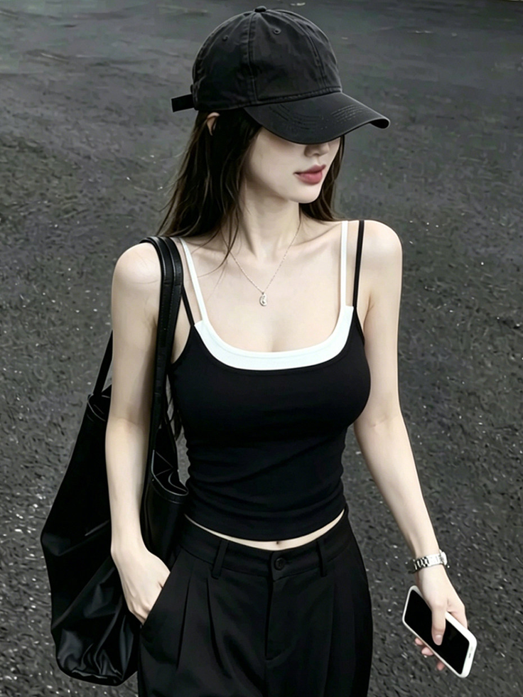 Woman in a black tank top and cap holding a phone outdoors