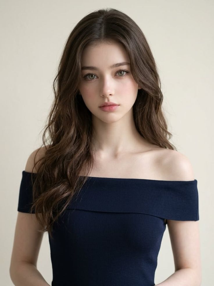 Woman with long brown hair wearing an off-shoulder top, looking directly at the viewer