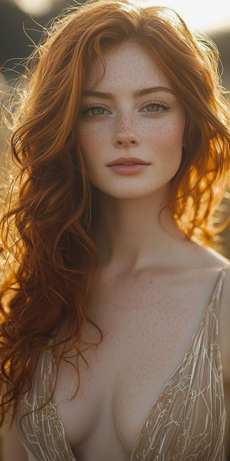 Woman with red hair and freckles in a low-cut top with soft lighting