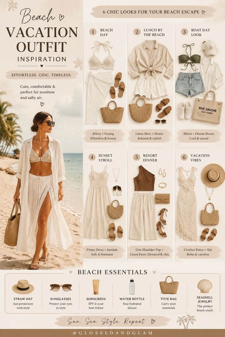 Woman in a crochet bikini and white sarong on a beach with outfit inspirations