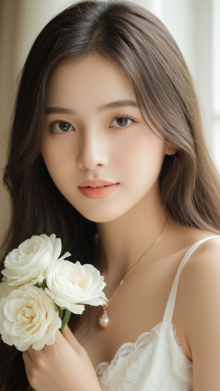 Woman with long hair holding white roses, wearing a lace top and pearl necklace