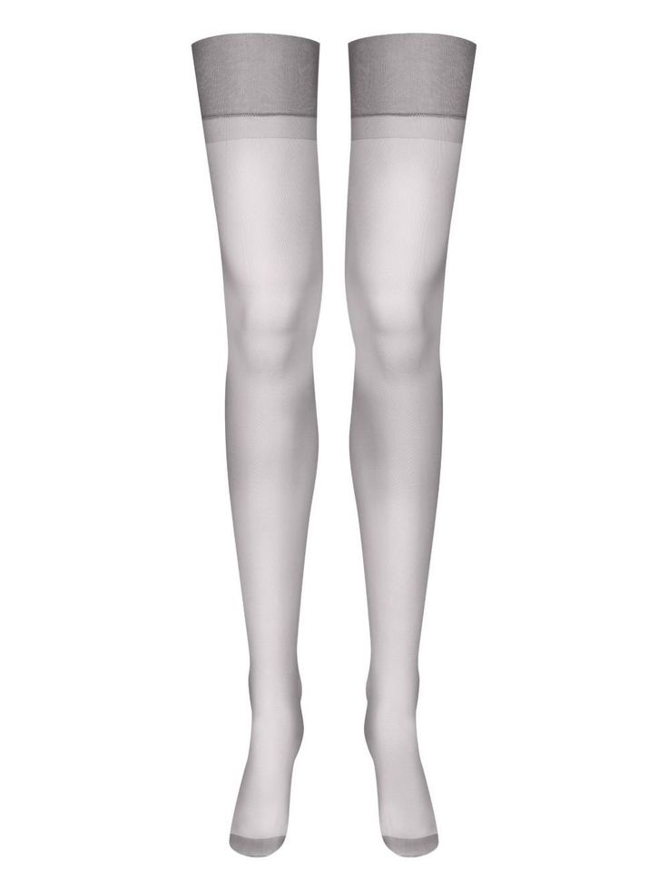 Pair of sheer thigh-high stockings with gray tops on a white background