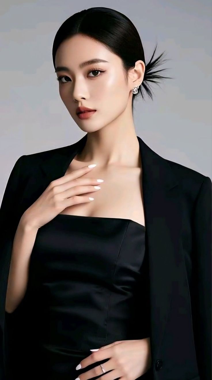 Woman with black hair in an updo wearing a black blazer and strapless top