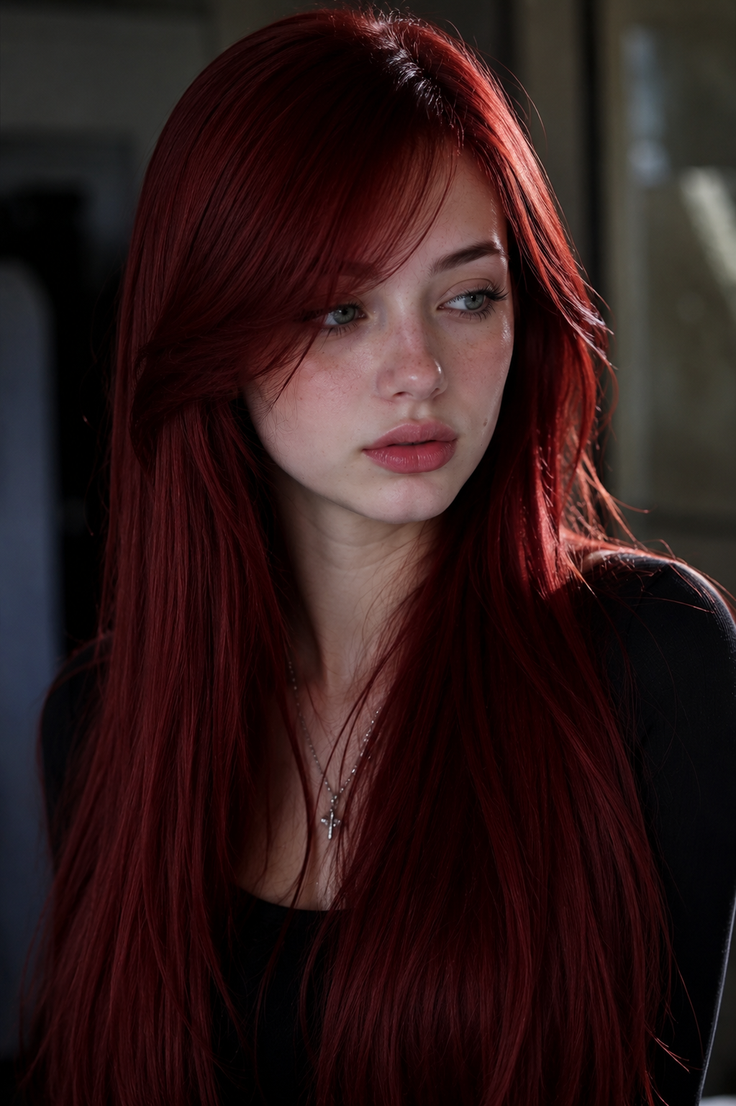 Woman with long red hair and green eyes wearing a silver cross necklace
