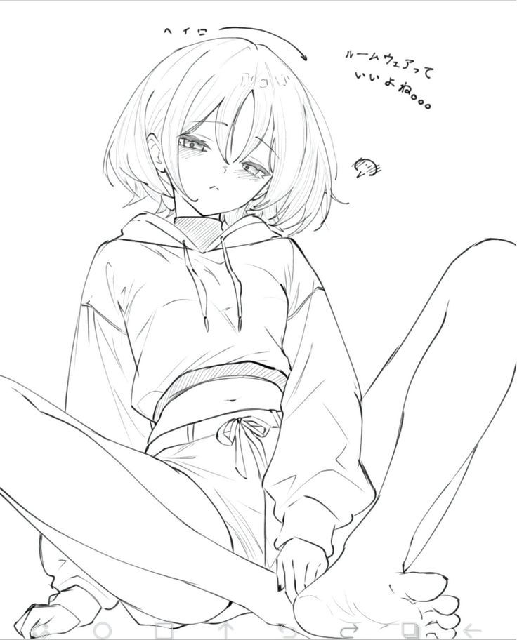 Anime style illustration of a girl in a hoodie and shorts, sitting with bare feet