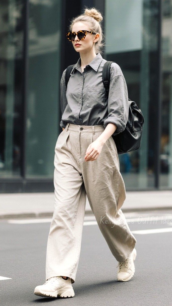 Woman with a bun hairstyle and sunglasses walking on a street