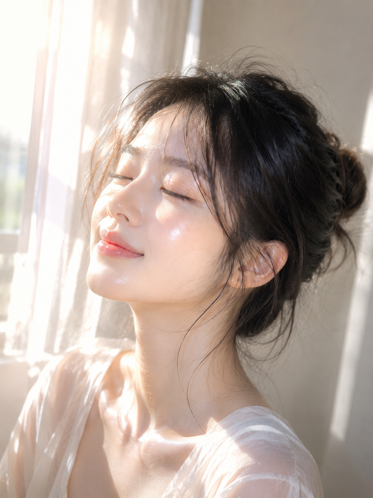 Woman with closed eyes enjoying sunlight, with a messy bun and soft lighting