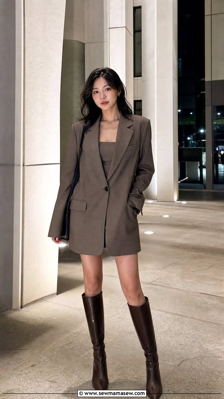 Woman in an oversized blazer and knee-high boots outdoors at night