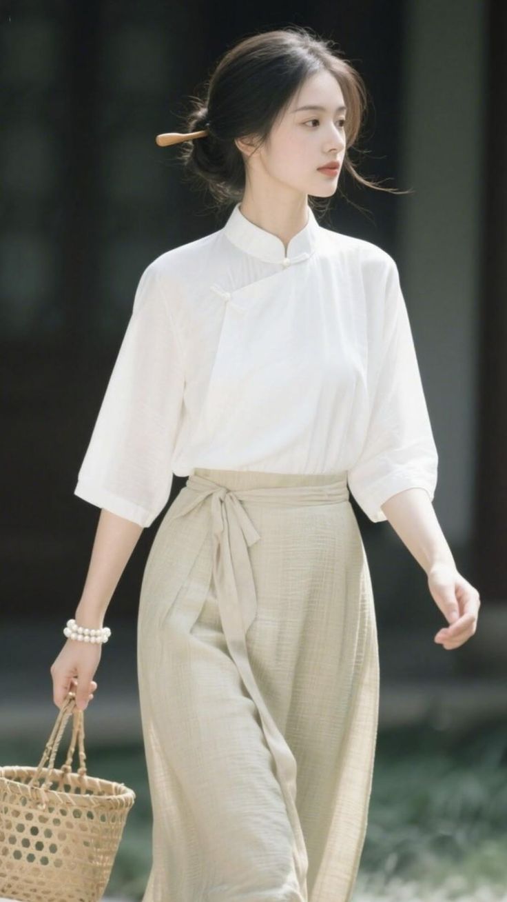 Woman in traditional white top and light skirt holding a woven bag