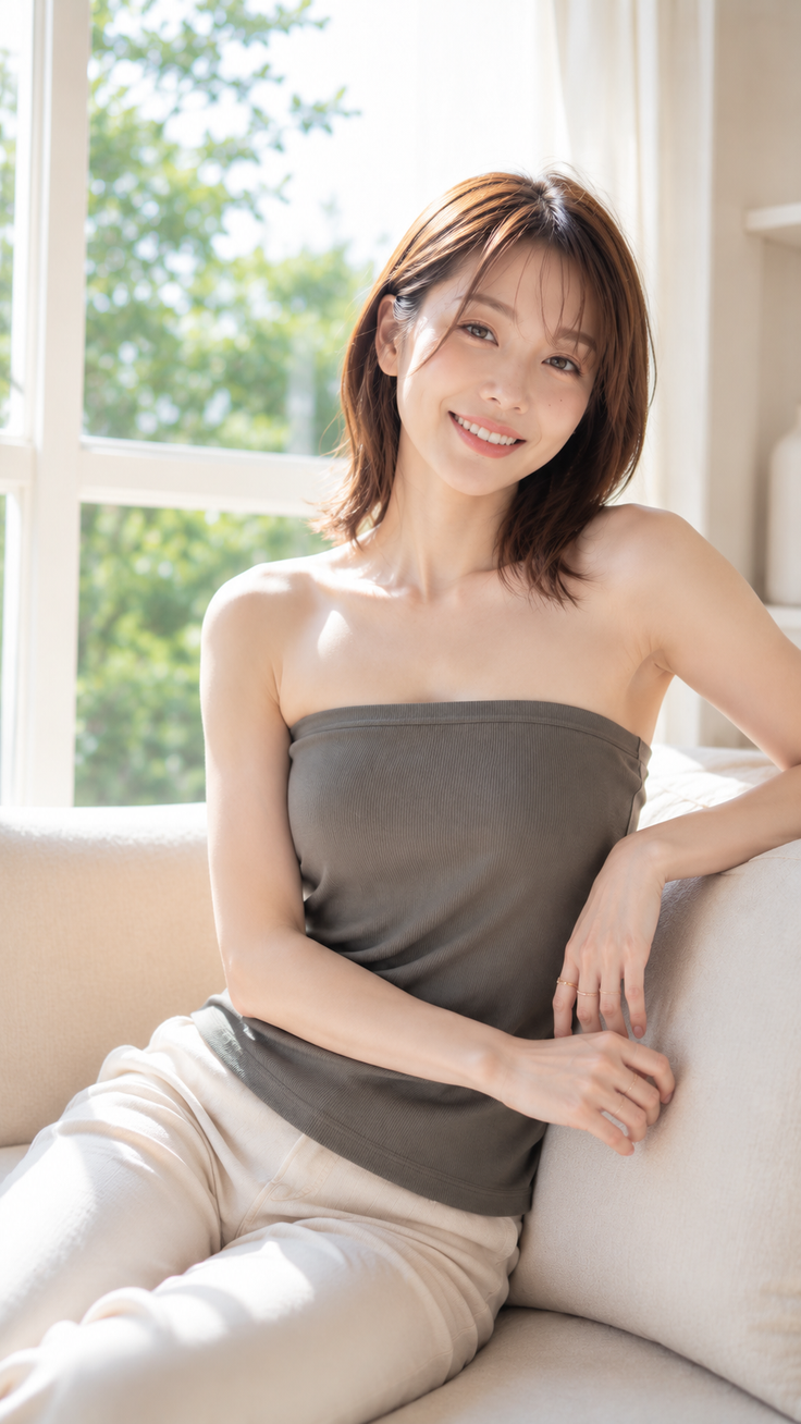 Woman with short hair wearing a tube top, smiling indoors by a window