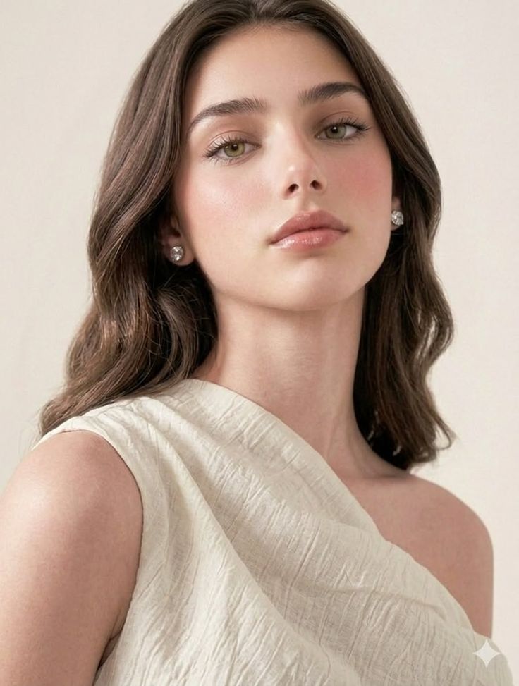 Woman with long wavy hair and earrings wearing an off-shoulder top