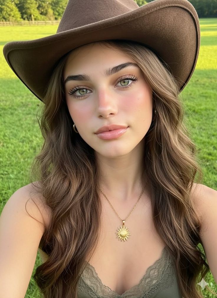 Woman with long hair and a cowboy hat in a green field