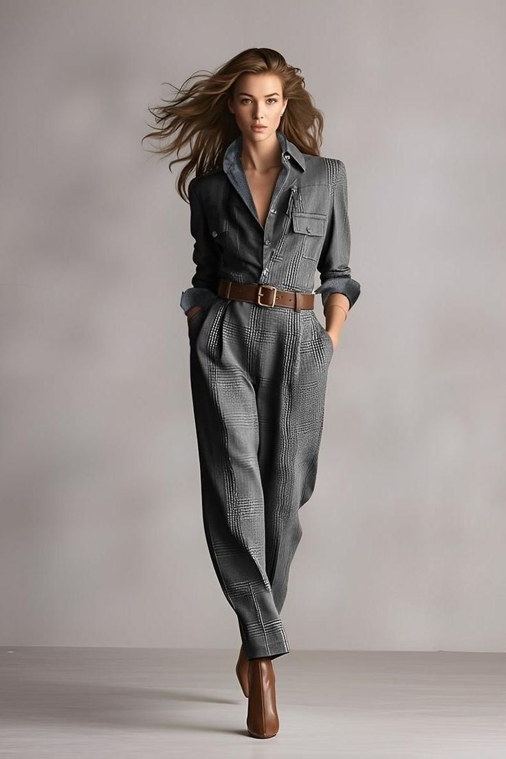 Woman in a plaid jumpsuit with a brown belt and flowing hair in a studio