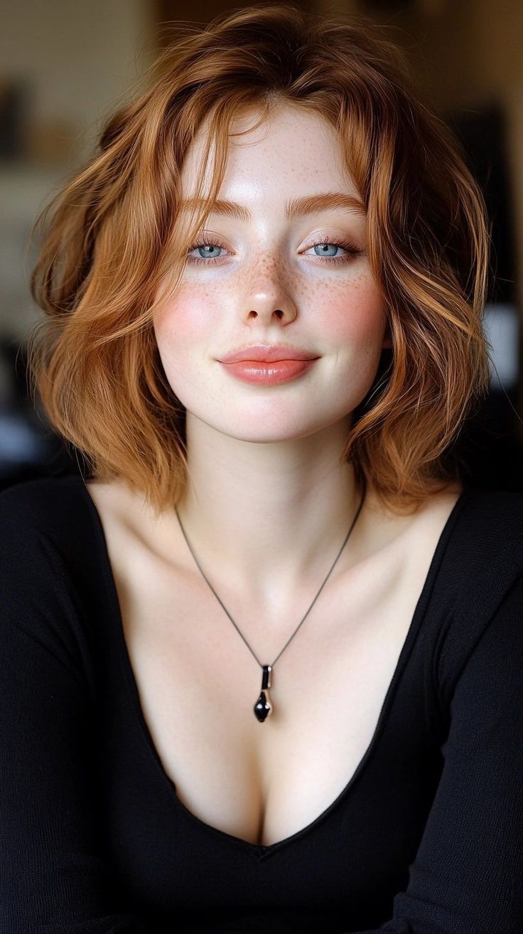 Woman with red hair and freckles wearing a black top with cleavage