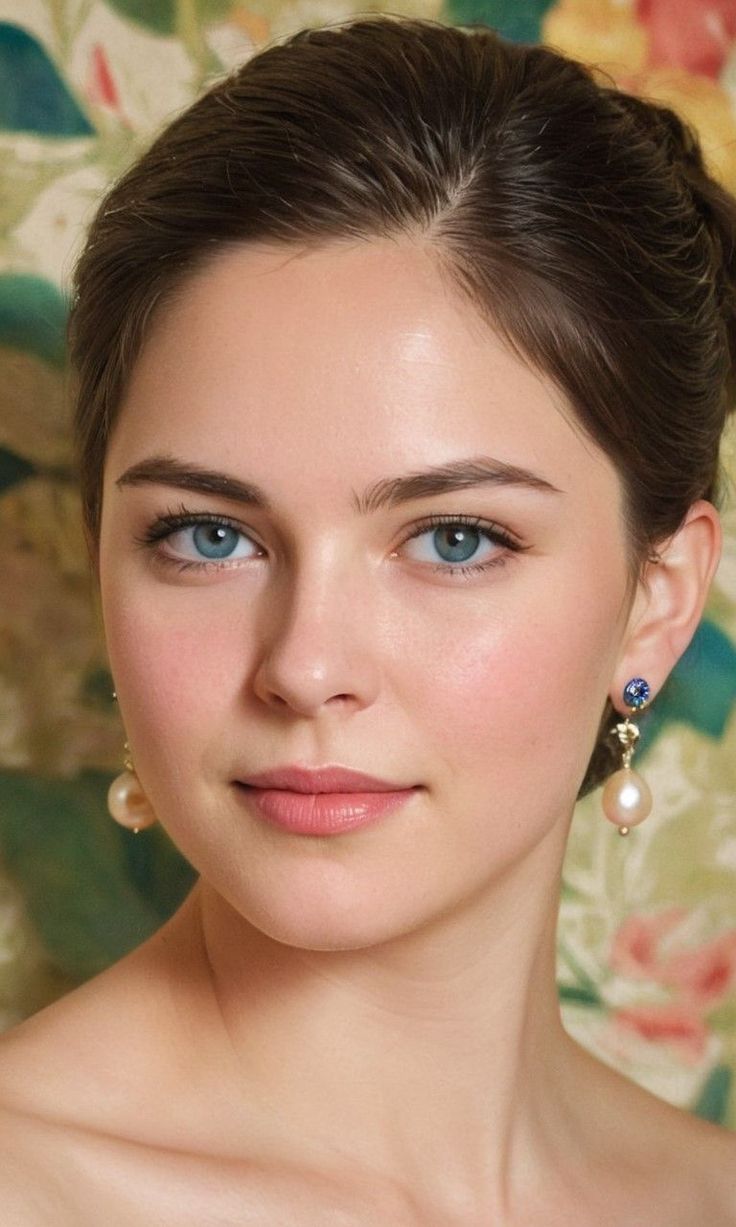 Woman with blue eyes and brown hair wearing pearl earrings
