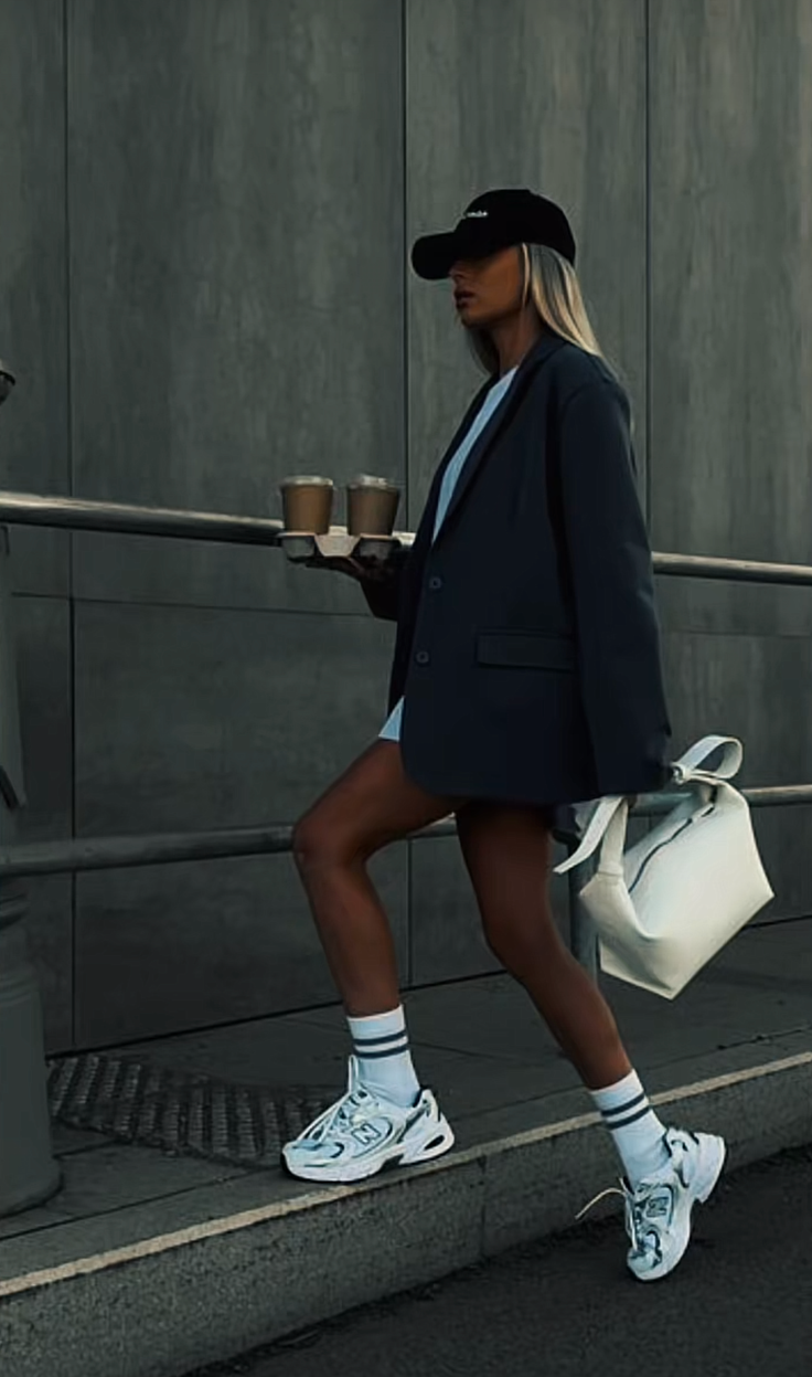 Woman in a black cap and oversized blazer holding coffee cups outdoors