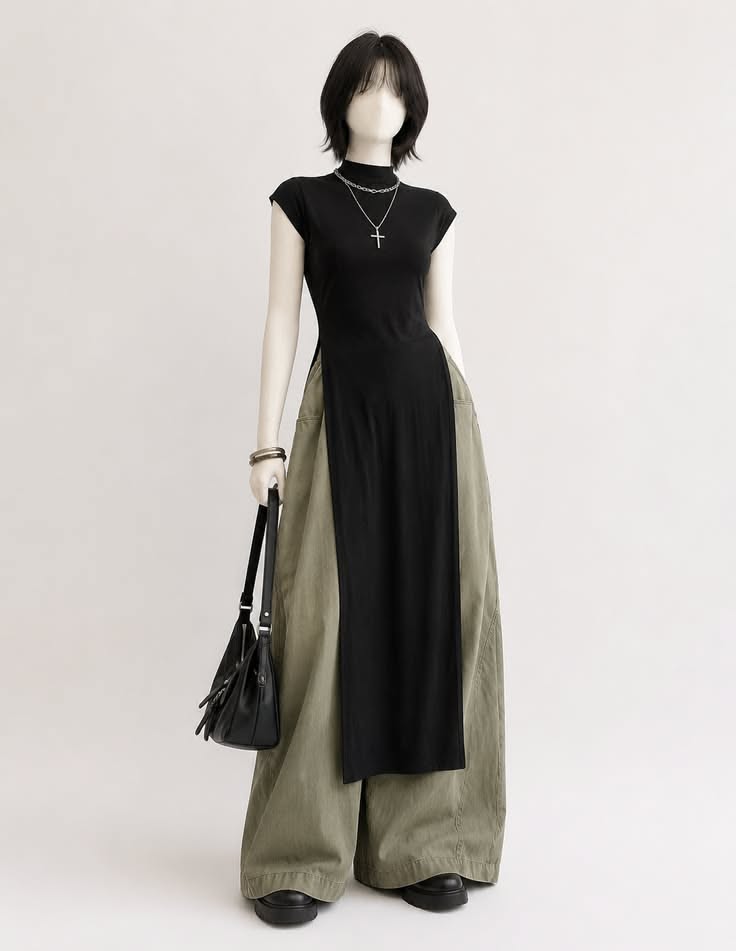Mannequin wearing a black top with wide leg pants and a cross necklace
