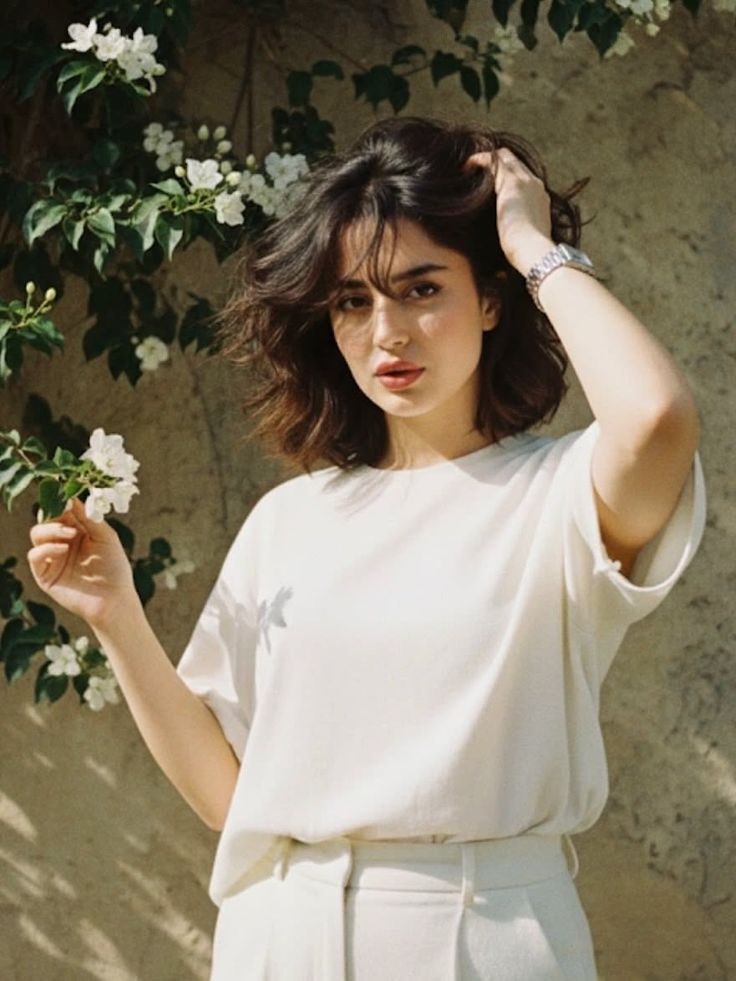 Woman with short hair in a white t-shirt and pants holding white flowers outdoors