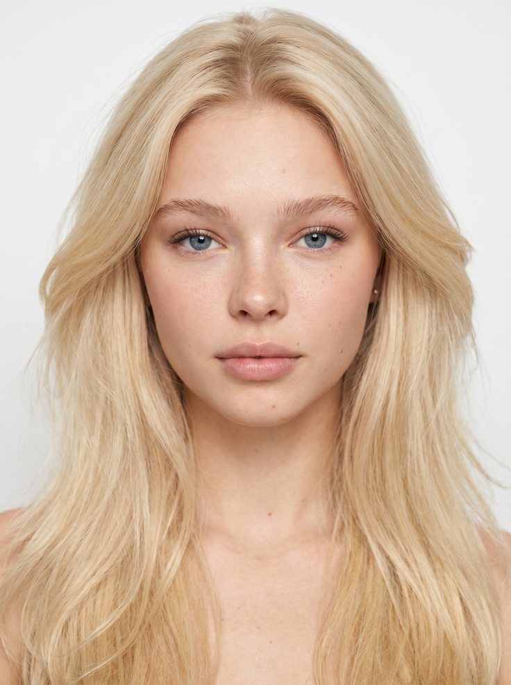 Young woman with long blonde hair and blue eyes looking directly at the camera