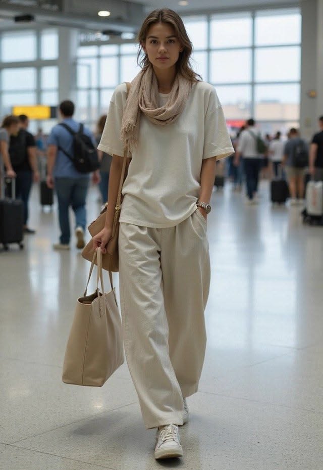 Woman in a beige outfit and scarf walking through an airport