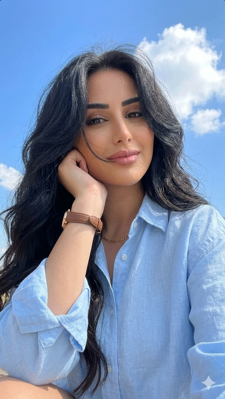 Woman with long black hair wearing a blue shirt outdoors under a clear sky
