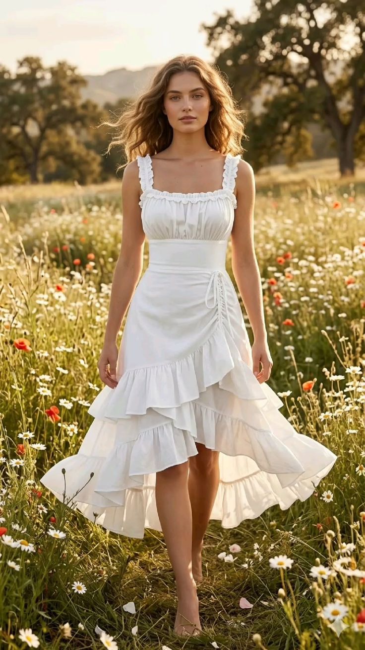 Woman in a white ruffled dress walking barefoot through a sunlit flower field