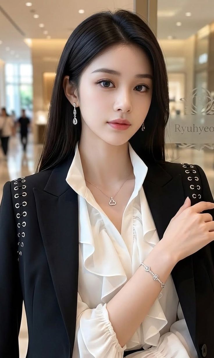 Woman with long black hair wearing a black blazer and white ruffled shirt indoors