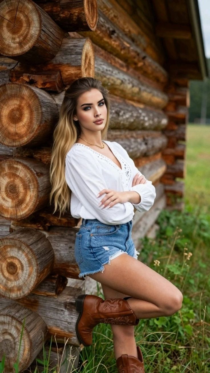 Woman in denim shorts and cowboy boots leaning against a log cabin