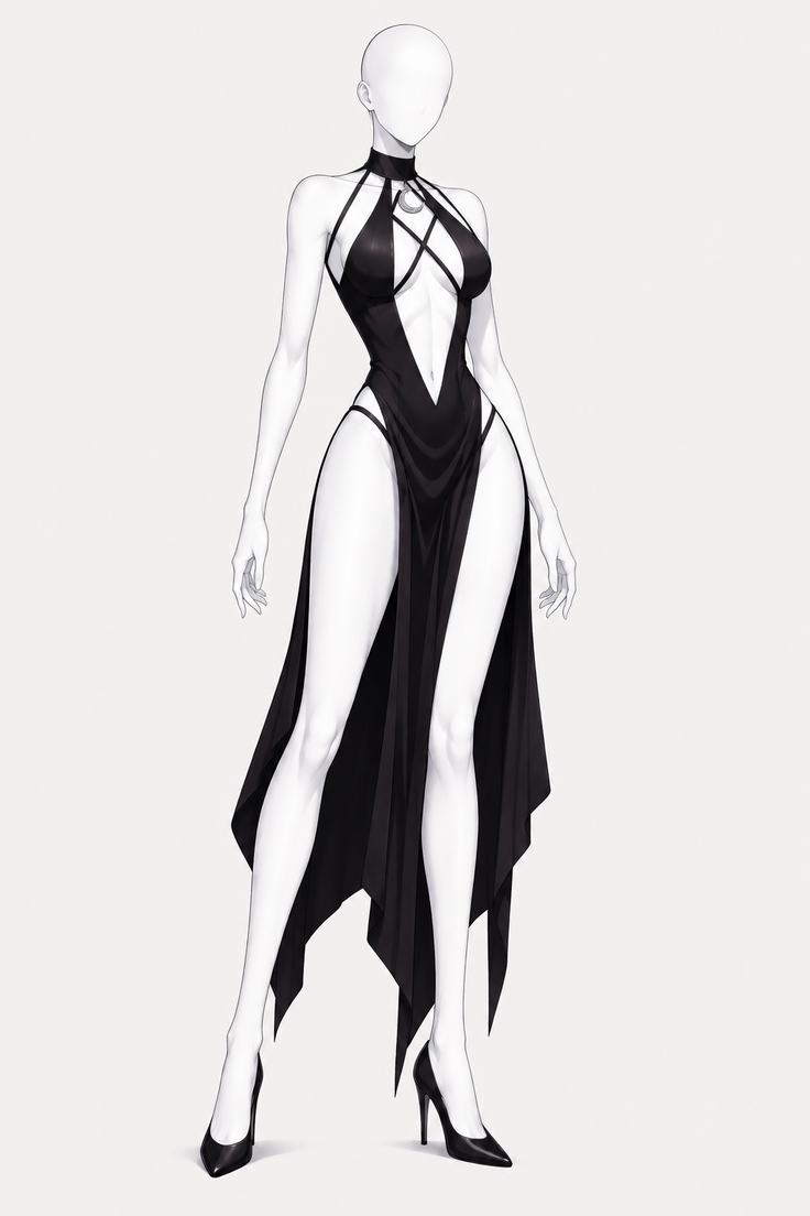 Illustration of a figure in a black dress with high slits and a choker
