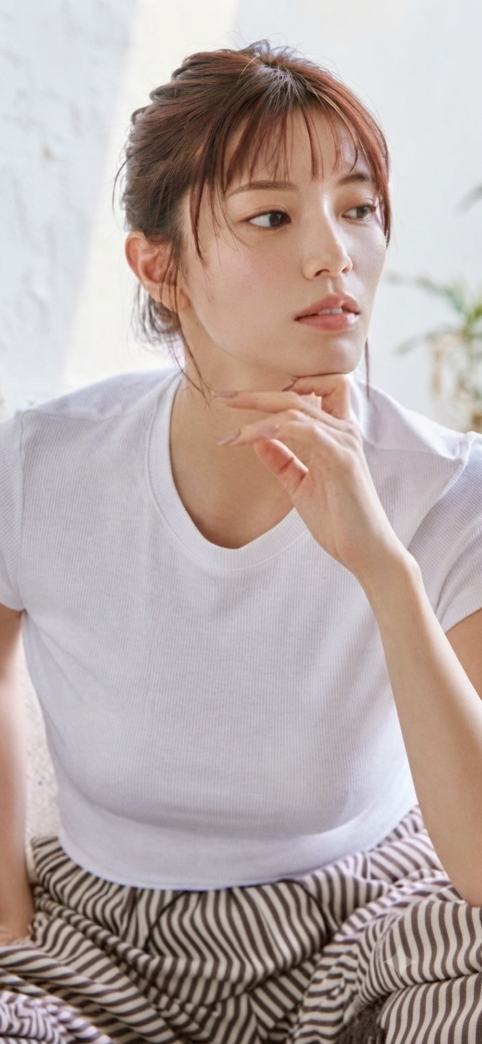 Woman with brown hair in a white t-shirt and striped skirt, looking to the side