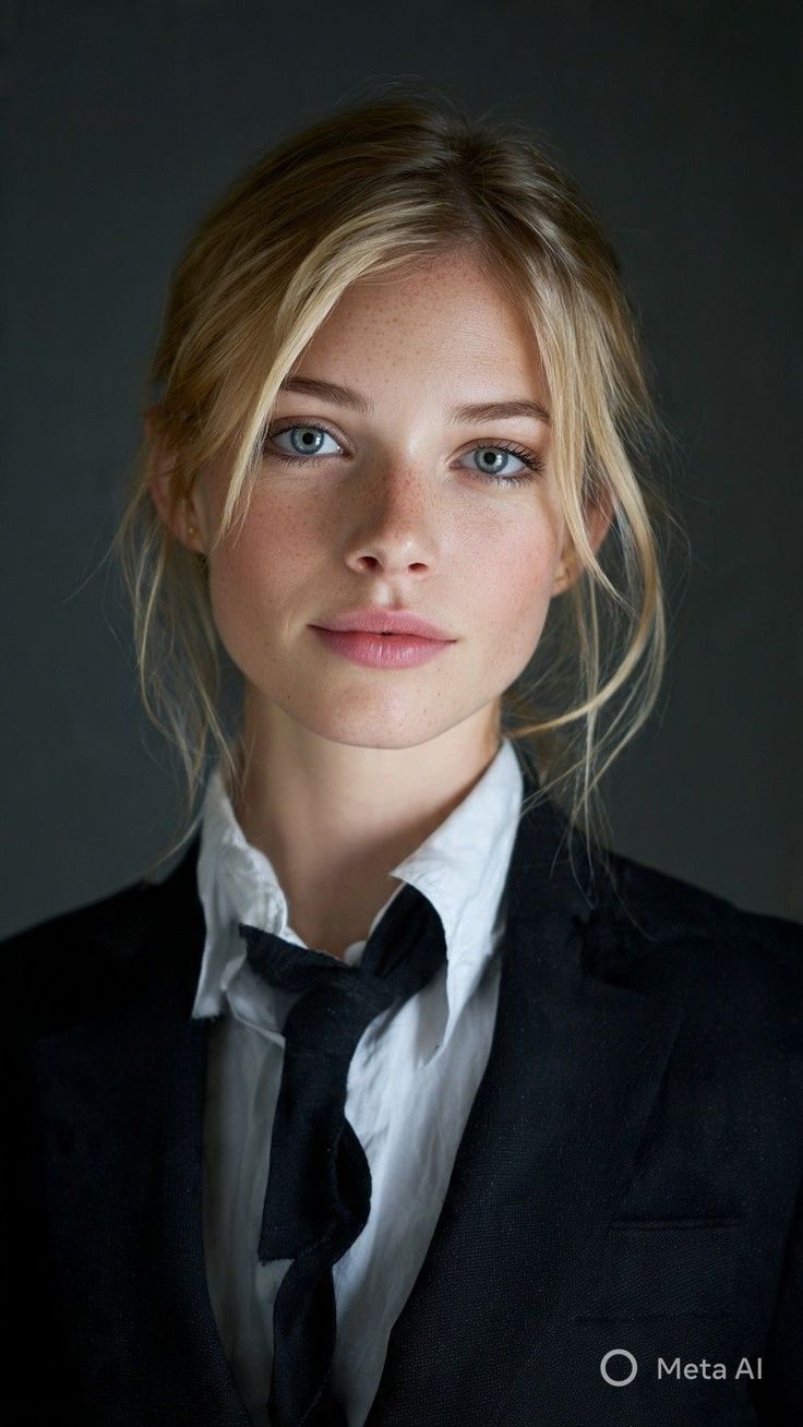 Blonde woman with blue eyes and freckles wearing a white shirt and black tie