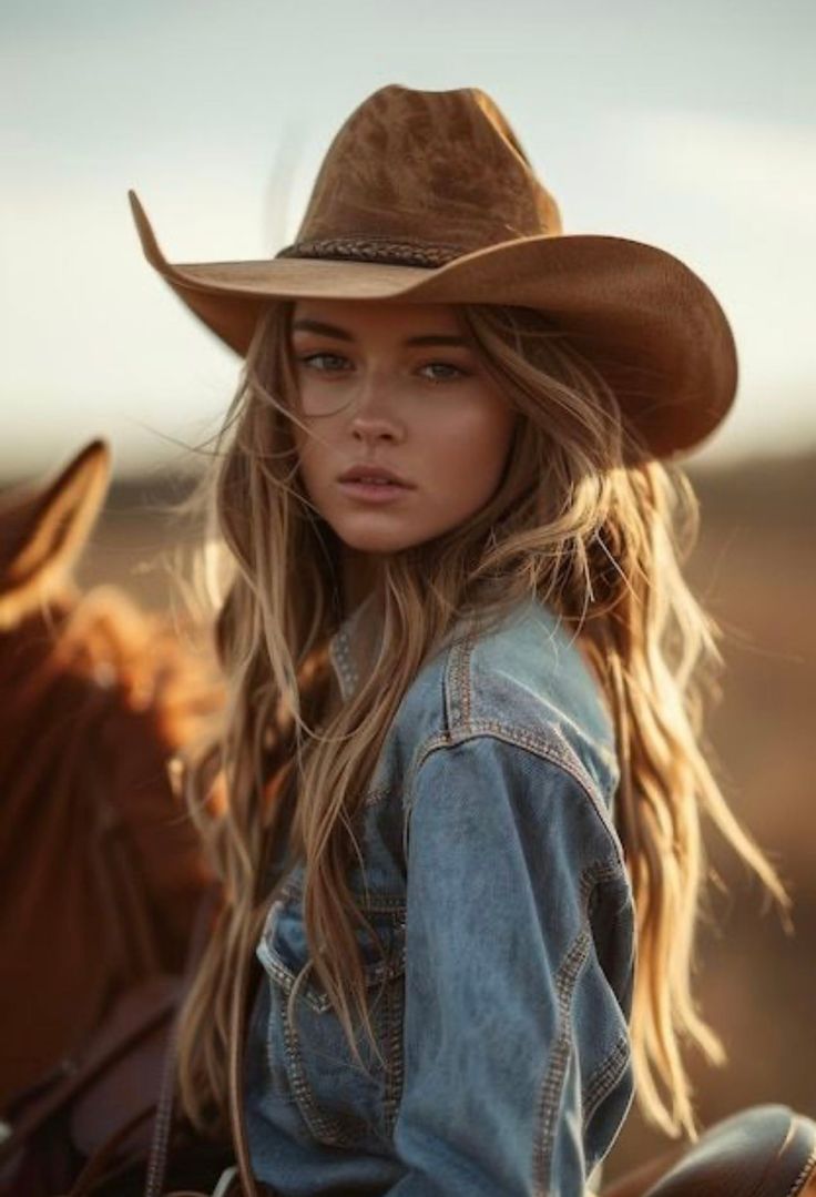 Woman in a cowboy hat and denim jacket with long hair at golden hour