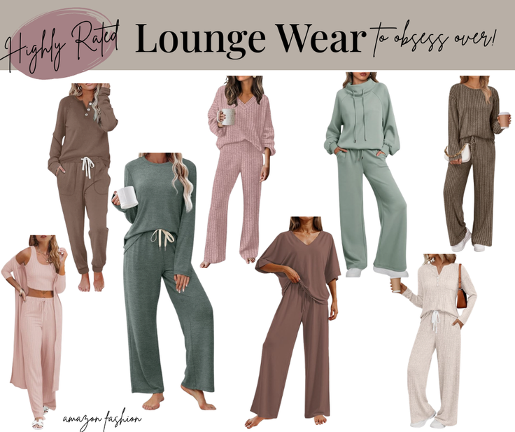 Multiple women modeling various styles of lounge wear sets in solid colors