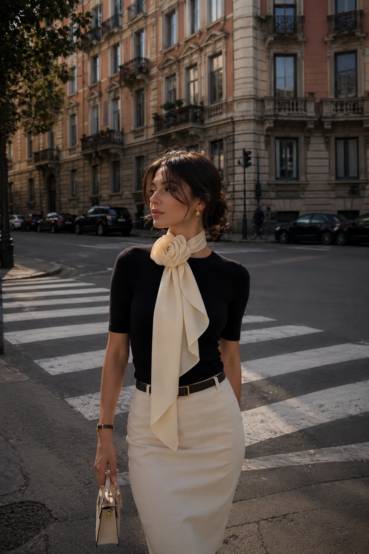 Woman in a black top and cream pencil skirt with a floral scarf on a city street