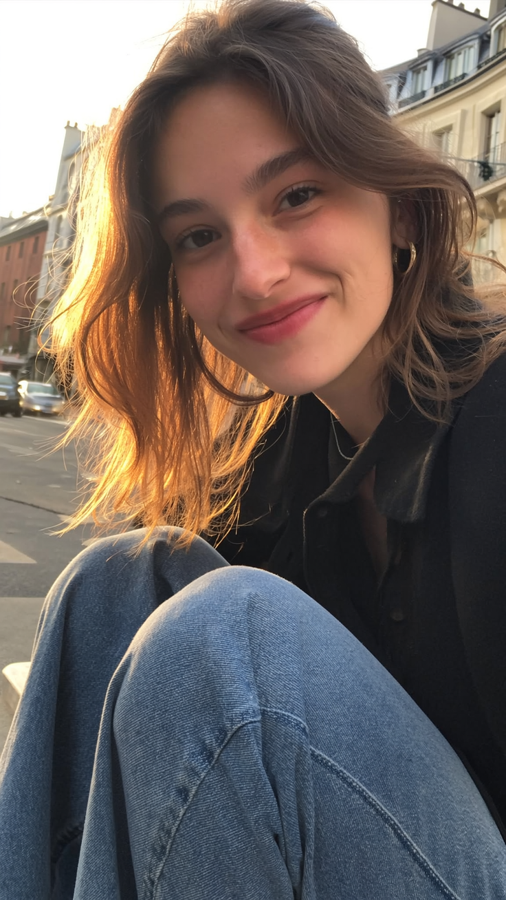 Young woman with long hair smiling outdoors during golden hour