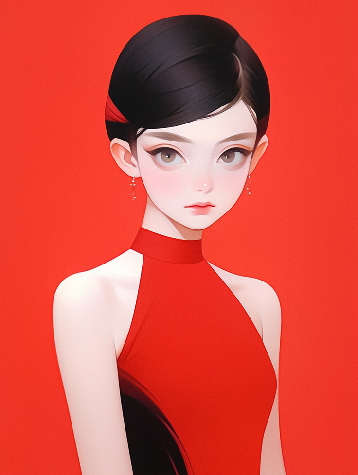 Illustration of a woman with an updo wearing a red dress against a red background
