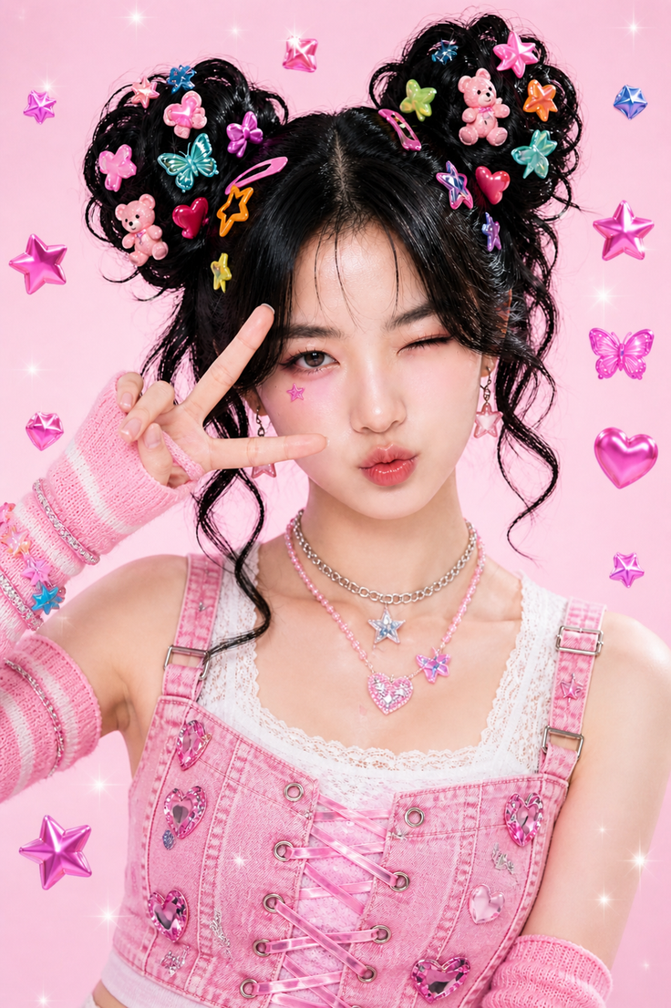 Woman with space buns and pink accessories making a peace sign