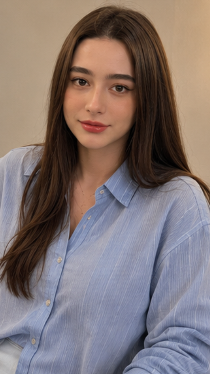 Woman with long brown hair wearing a blue collared shirt indoors