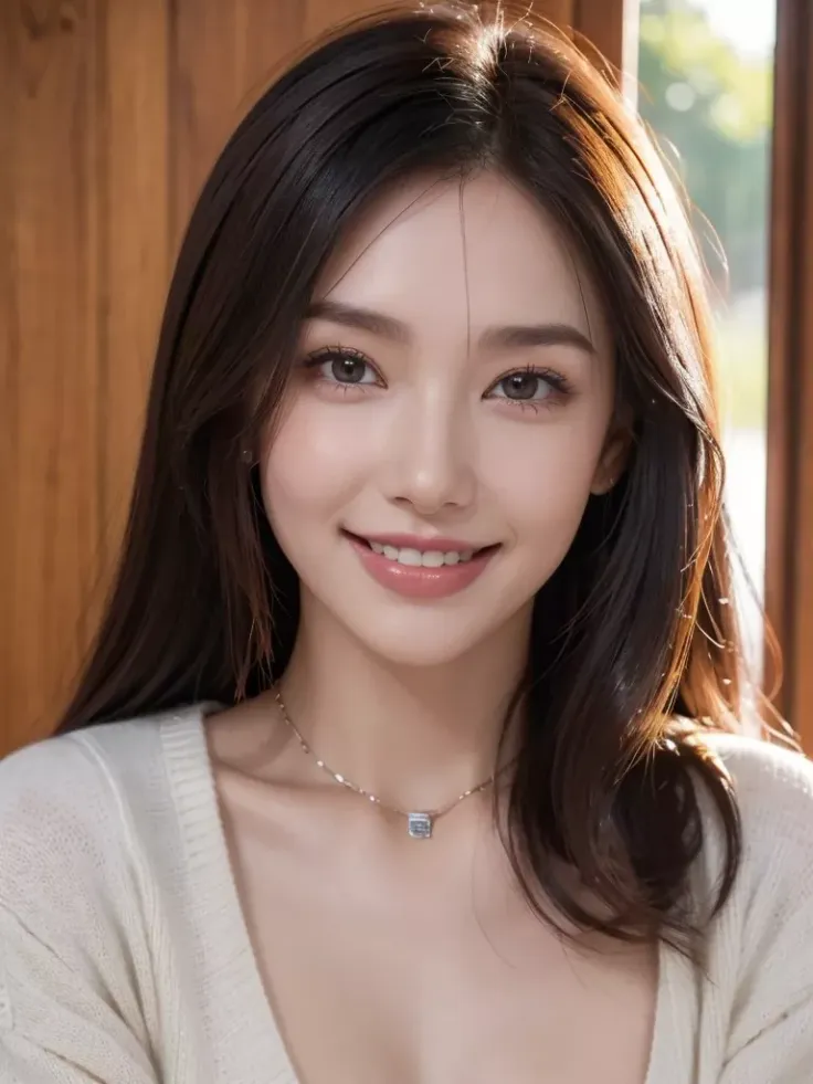 Woman with long dark hair and a white cardigan smiling indoors