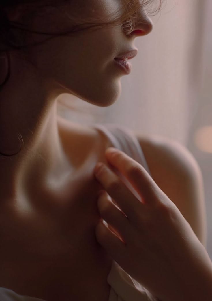 Close up of a woman's upper body with soft lighting and a delicate pose
