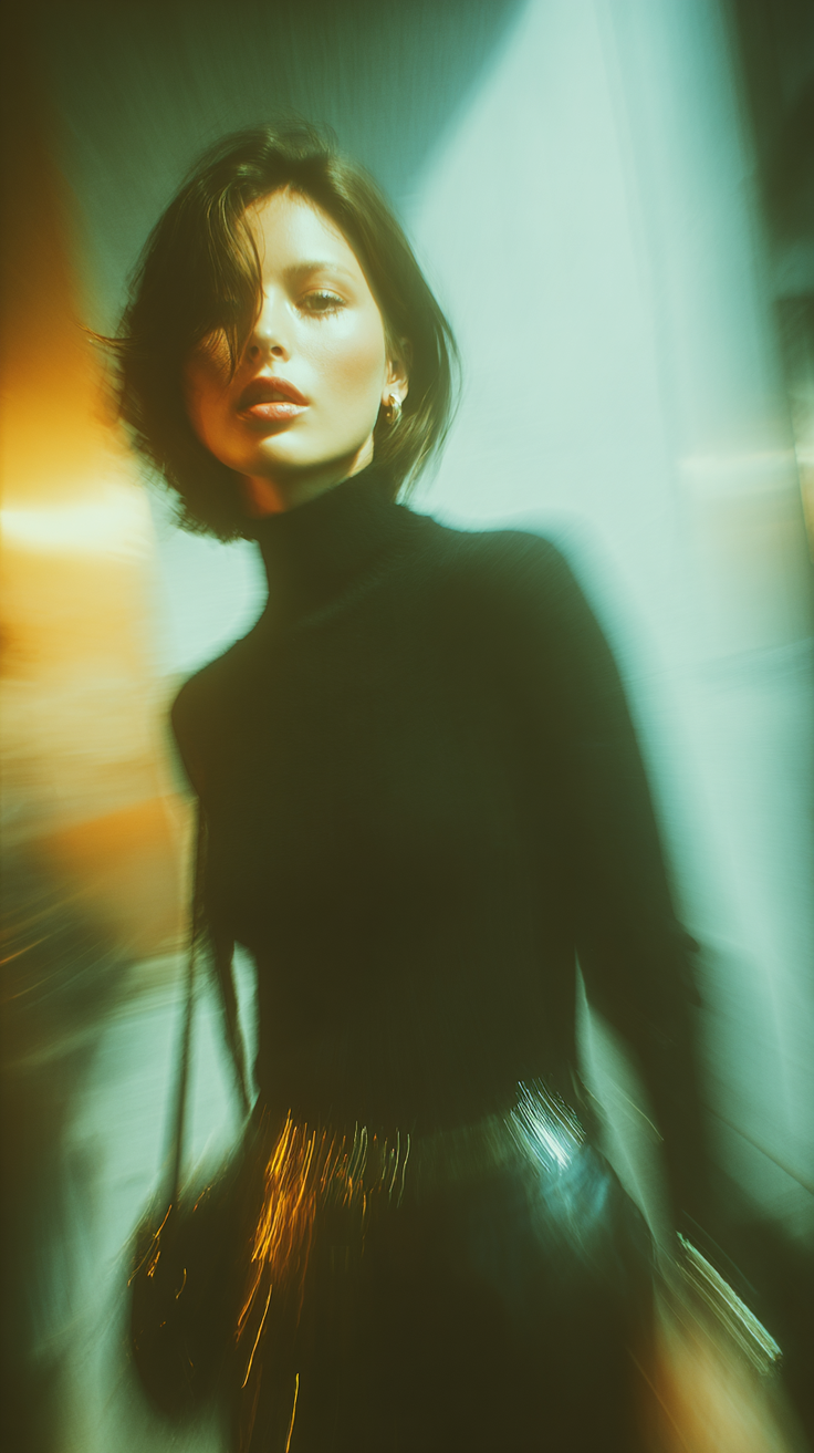 Woman with short hair in a turtleneck with motion blur and dramatic lighting