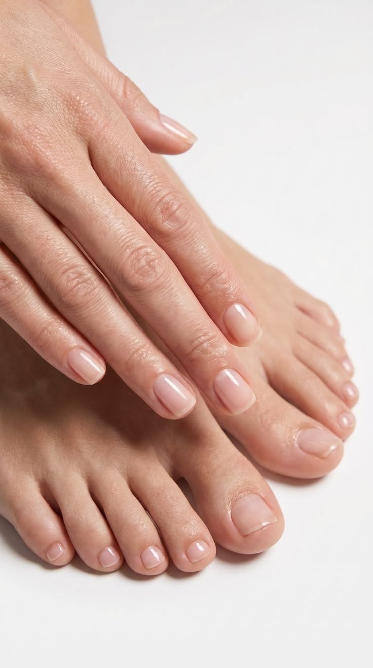 Close up of a person's hands and feet with natural, manicured nails