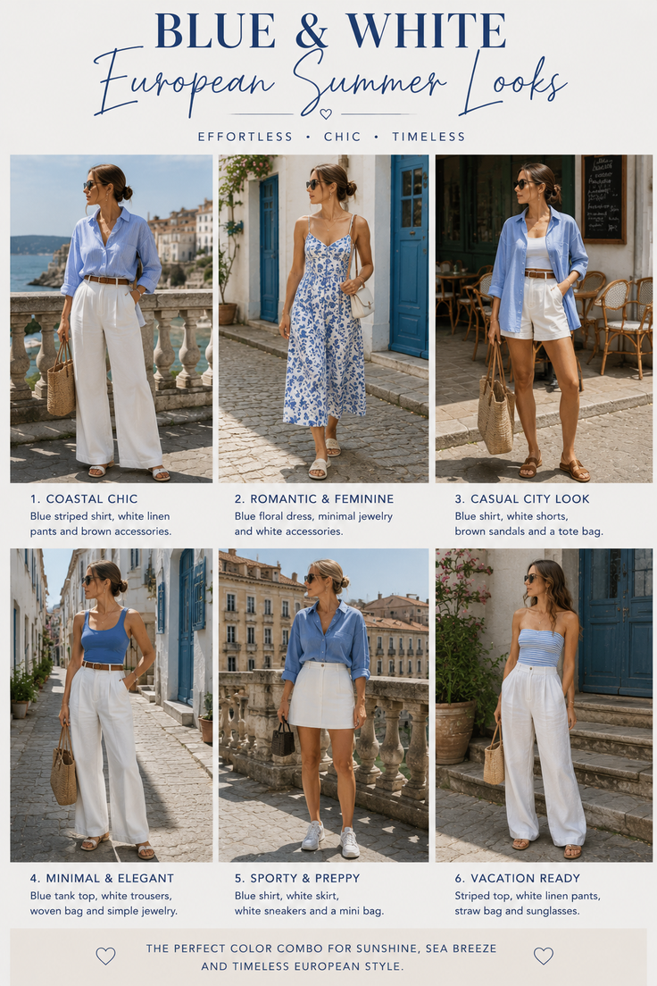 Six women modeling blue and white European summer outfits in various outdoor settings
