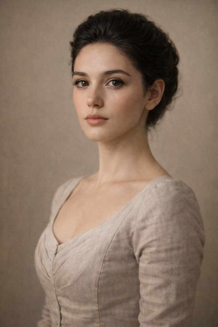 Woman with dark hair in an updo wearing a light-colored top