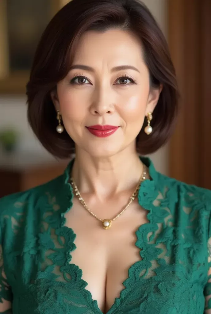 Woman with short hair wearing a green lace dress and pearl jewelry